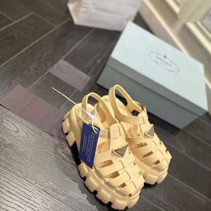 Prada Women Rubber Monolith Sandals Enameled Metal Triangle Logo Lug Tread