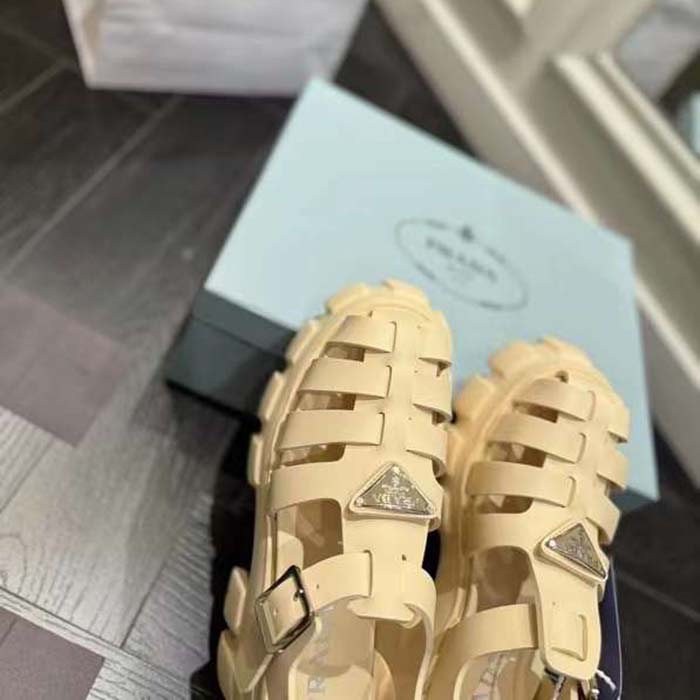 Prada Women Rubber Monolith Sandals Enameled Metal Triangle Logo Lug Tread