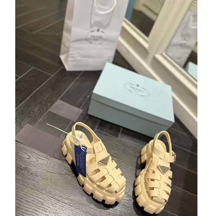 Prada Women Rubber Monolith Sandals Enameled Metal Triangle Logo Lug Tread