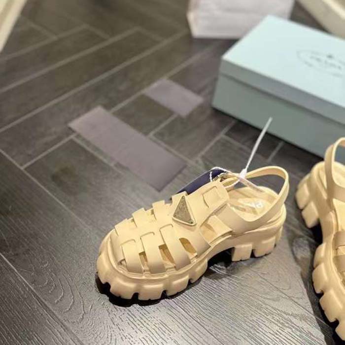 Prada Women Rubber Monolith Sandals Enameled Metal Triangle Logo Lug Tread