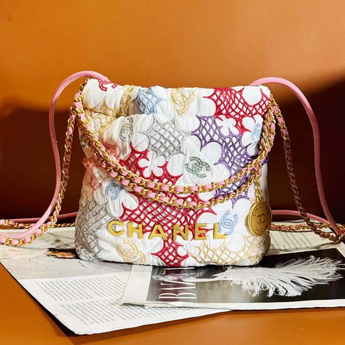 Chanel Women CC 22 Mini Handbag Lace Patchwork Gold-Tone Metal Multicolor