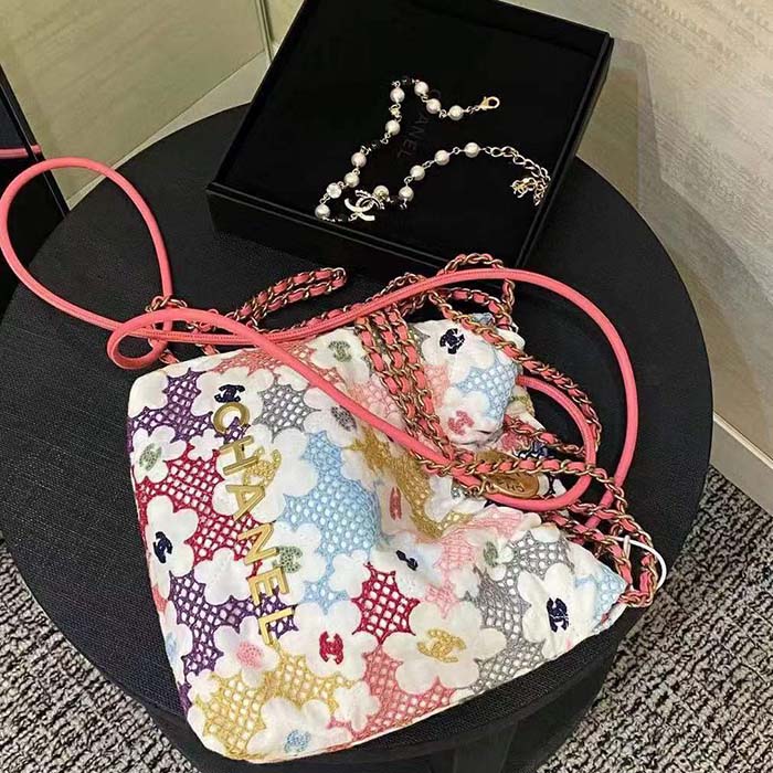 Chanel Women CC 22 Small Handbag Lace Patchwork Gold-Tone Metal Multicolor