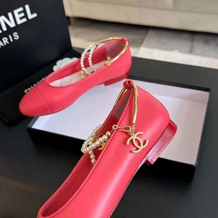 Chanel Women CC Ballet Flats Lambskin Metal Imitation Pearls Dark Pink