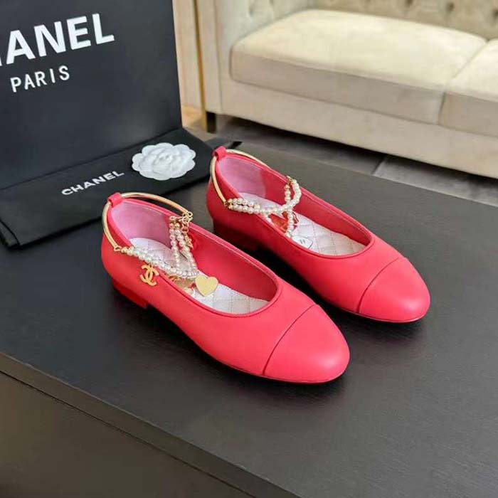Chanel Women CC Ballet Flats Lambskin Metal Imitation Pearls Dark Pink