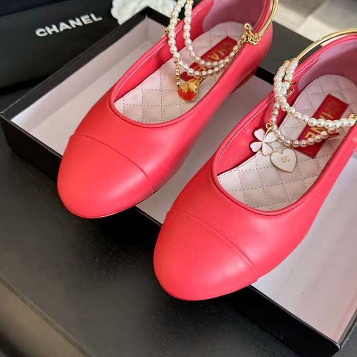 Chanel Women CC Ballet Flats Lambskin Metal Imitation Pearls Dark Pink