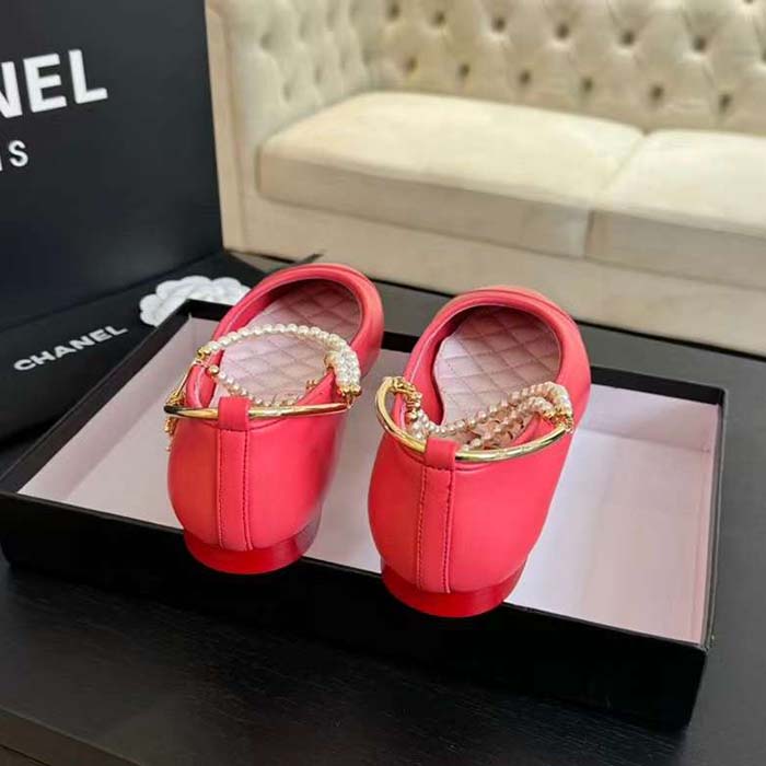 Chanel Women CC Ballet Flats Lambskin Metal Imitation Pearls Dark Pink