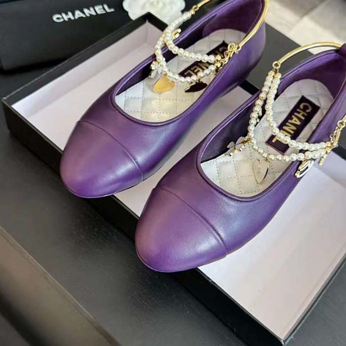 Chanel Women CC Ballet Flats Lambskin Metal Imitation Pearls Purple