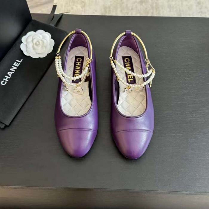 Chanel Women CC Ballet Flats Lambskin Metal Imitation Pearls Purple