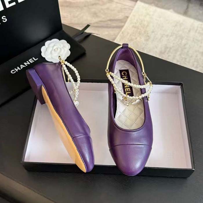 Chanel Women CC Ballet Flats Lambskin Metal Imitation Pearls Purple