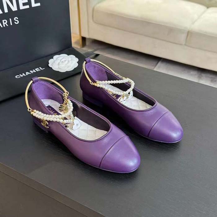 Chanel Women CC Ballet Flats Lambskin Metal Imitation Pearls Purple