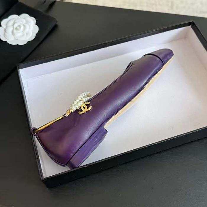 Chanel Women CC Ballet Flats Lambskin Metal Imitation Pearls Purple