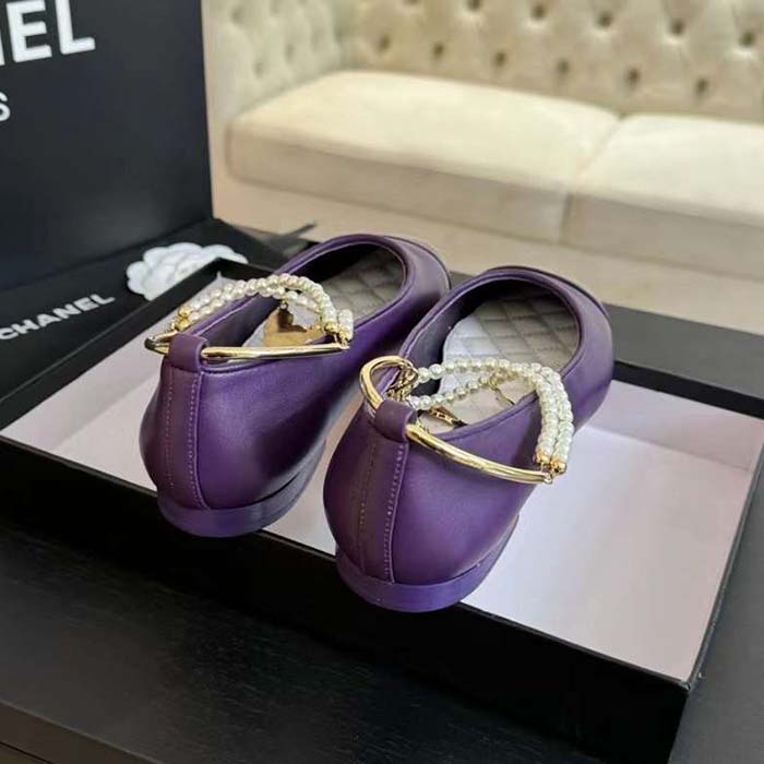 Chanel Women CC Ballet Flats Lambskin Metal Imitation Pearls Purple