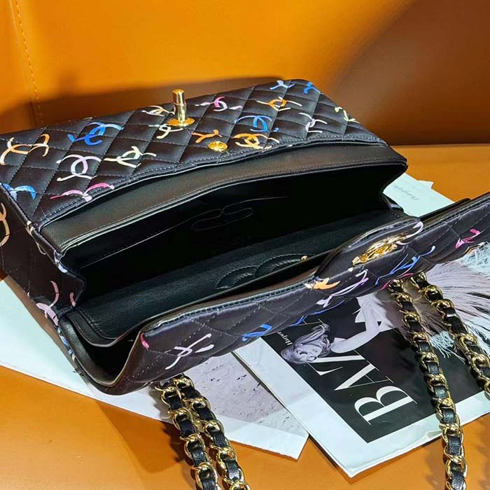 Chanel Women CC Classic 11.12 Handbag Printed Fabric Gold-Tone Metal Black Multicolor