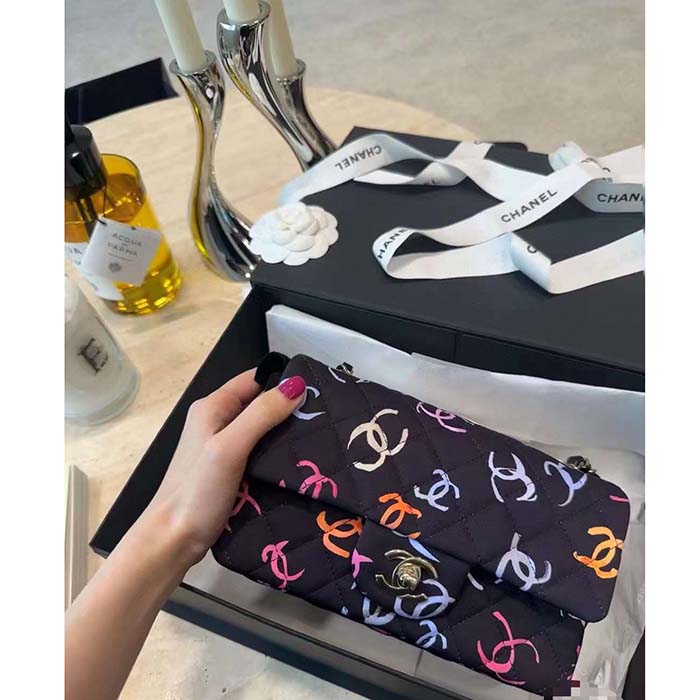 Chanel Women CC Classic 11.12 Handbag Printed Fabric Gold-Tone Metal Black Multicolor