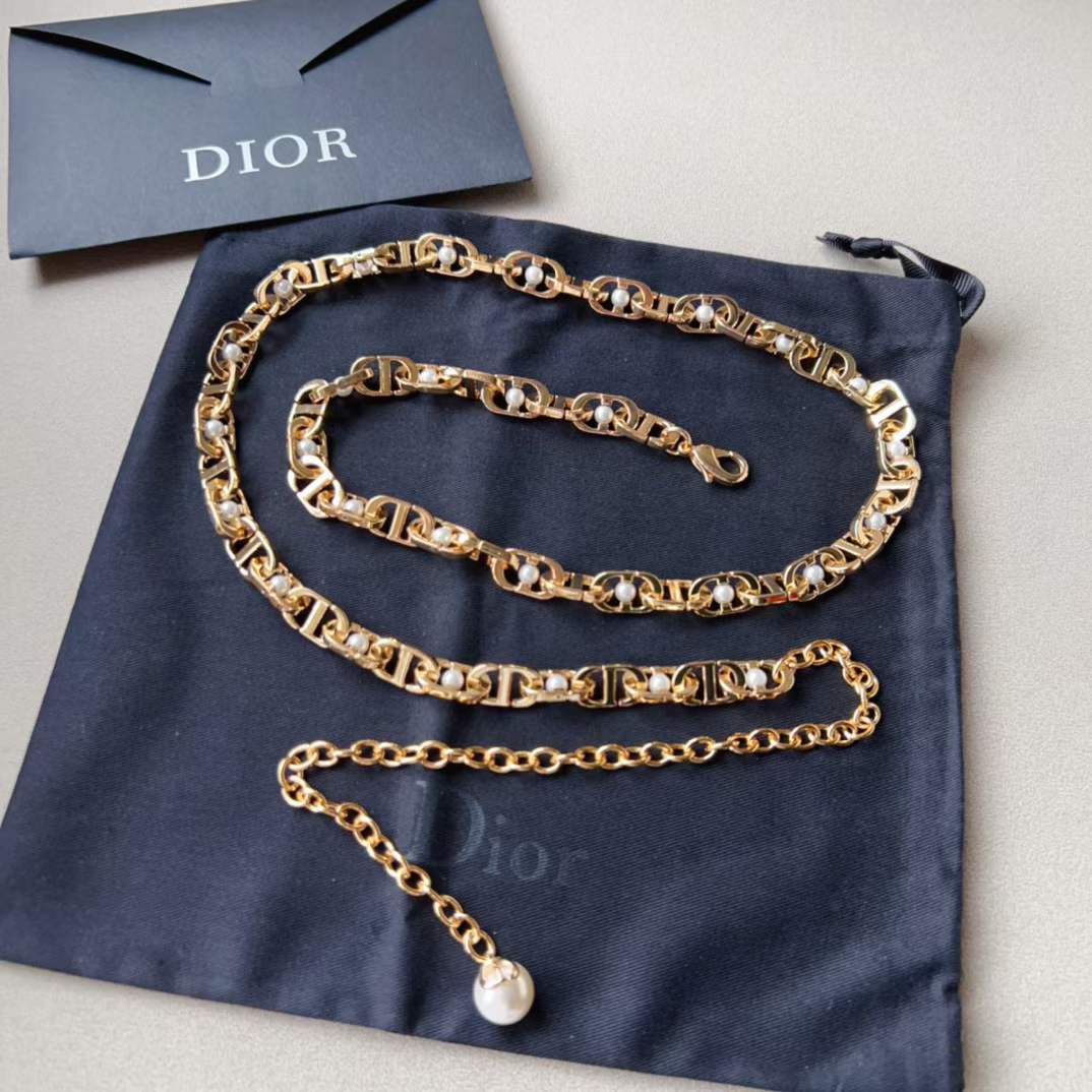 Dior CD Women 30 Montaigne Jolie Chain Belt Gold White Resin Pearls 10 MM