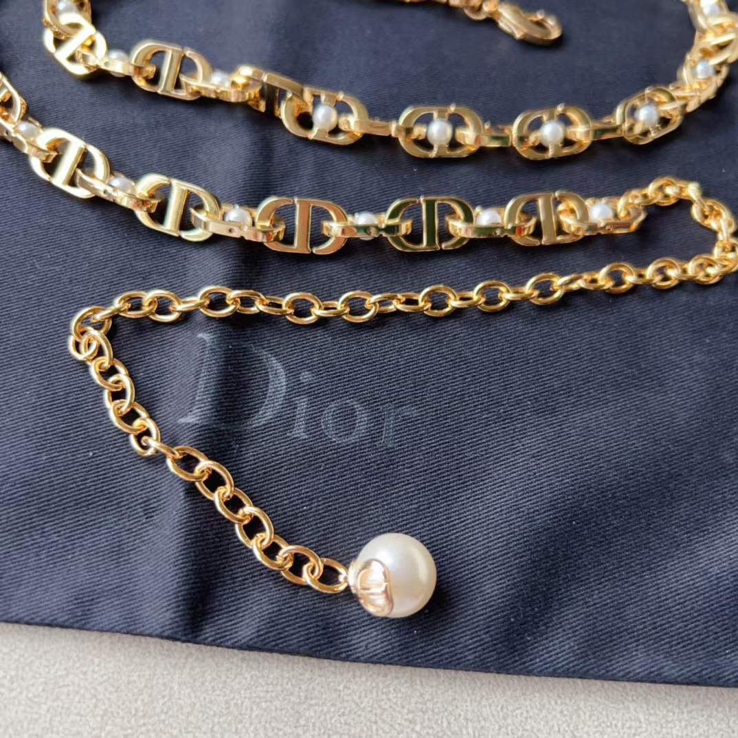 Dior CD Women 30 Montaigne Jolie Chain Belt Gold White Resin Pearls 10 MM