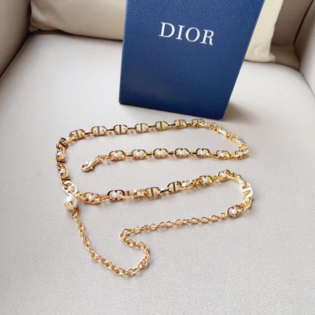 Dior CD Women 30 Montaigne Jolie Chain Belt Gold White Resin Pearls 10 MM