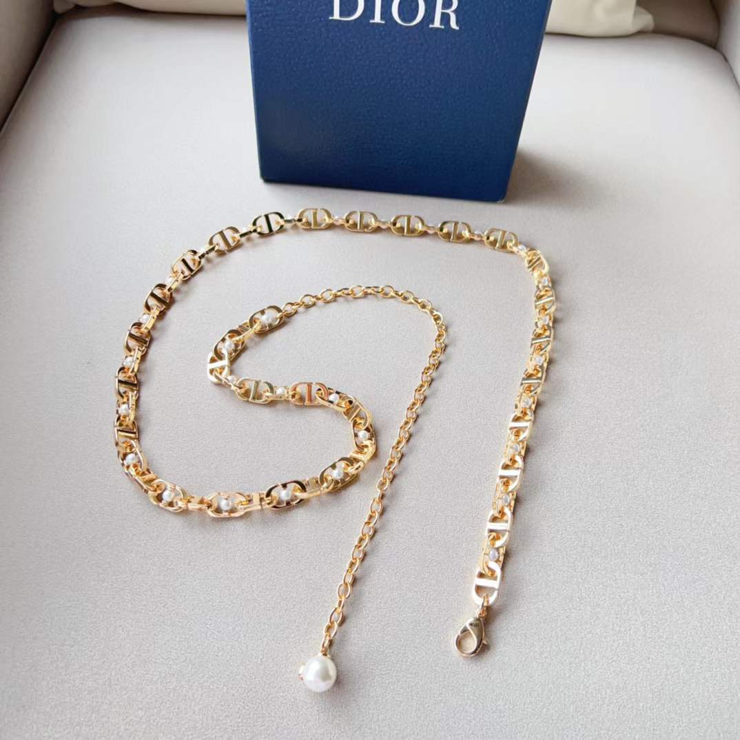 Dior CD Women 30 Montaigne Jolie Chain Belt Gold White Resin Pearls 10 MM