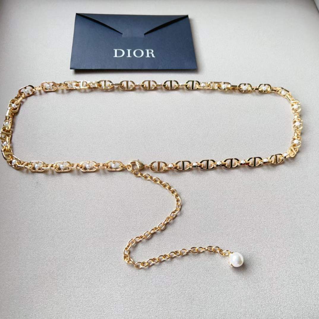 Dior CD Women 30 Montaigne Jolie Chain Belt Gold White Resin Pearls 10 MM