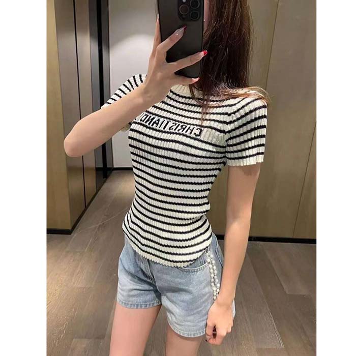 Dior CD Women Dioriviera Short-Sleeved Sweater White Navy Blue Cotton Ribbed Knit