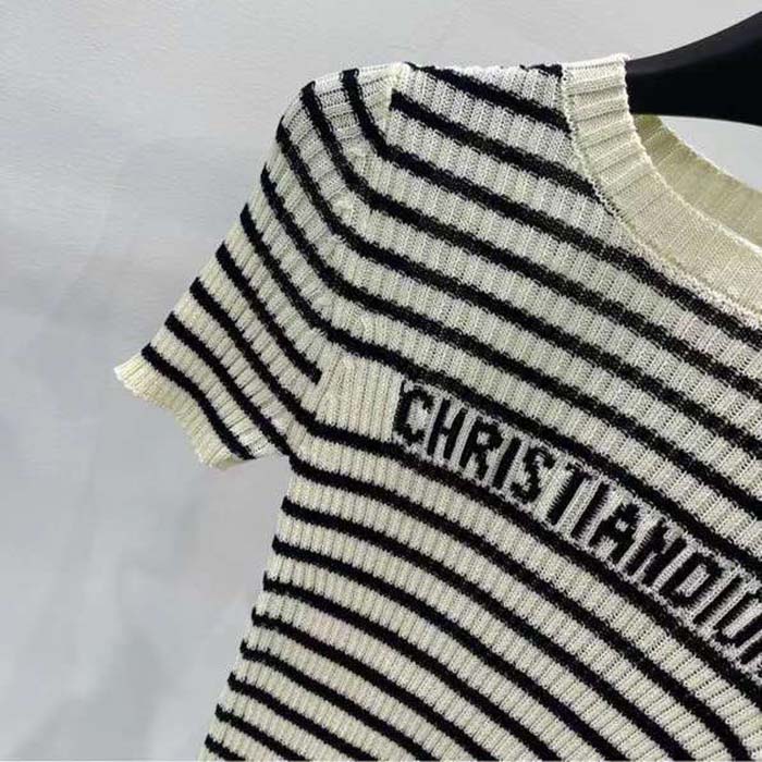 Dior CD Women Dioriviera Short-Sleeved Sweater White Navy Blue Cotton Ribbed Knit