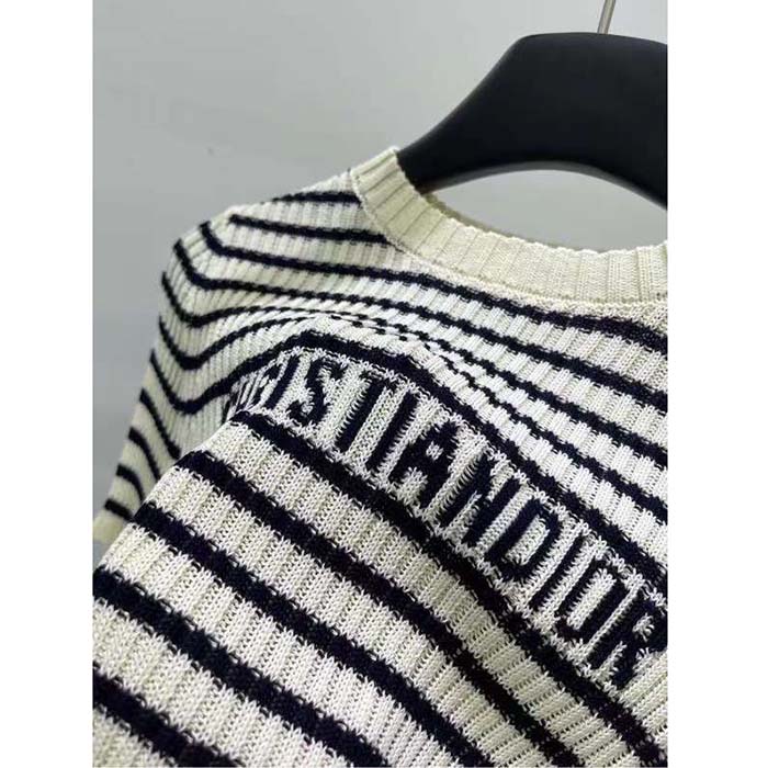 Dior CD Women Dioriviera Short-Sleeved Sweater White Navy Blue Cotton Ribbed Knit