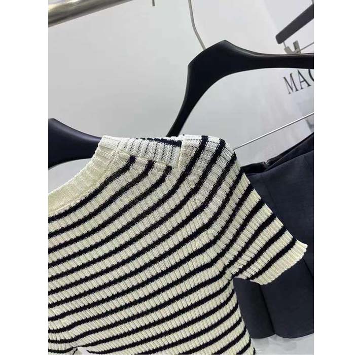 Dior CD Women Dioriviera Short-Sleeved Sweater White Navy Blue Cotton Ribbed Knit