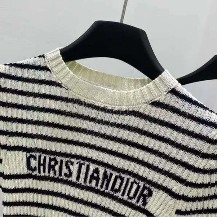 Dior CD Women Dioriviera Short-Sleeved Sweater White Navy Blue Cotton Ribbed Knit