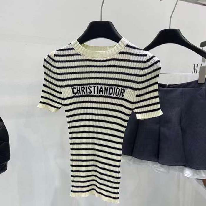 Dior CD Women Dioriviera Short-Sleeved Sweater White Navy Blue Cotton Ribbed Knit