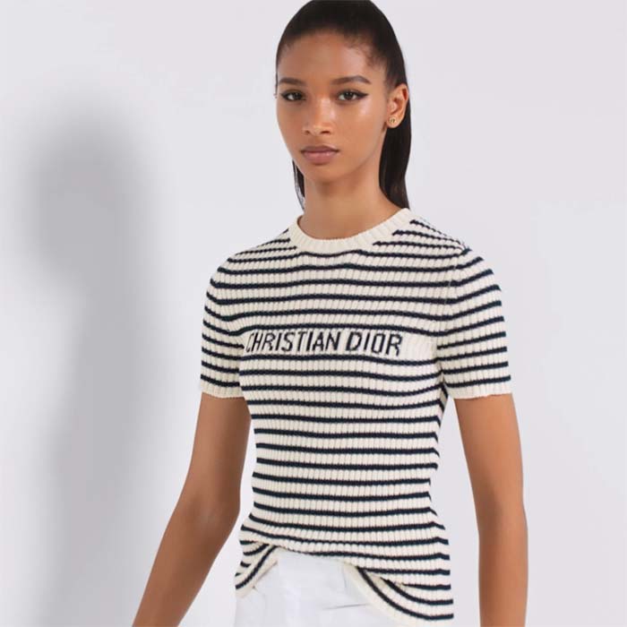 Dior CD Women Dioriviera Short-Sleeved Sweater White Navy Blue Cotton Ribbed Knit