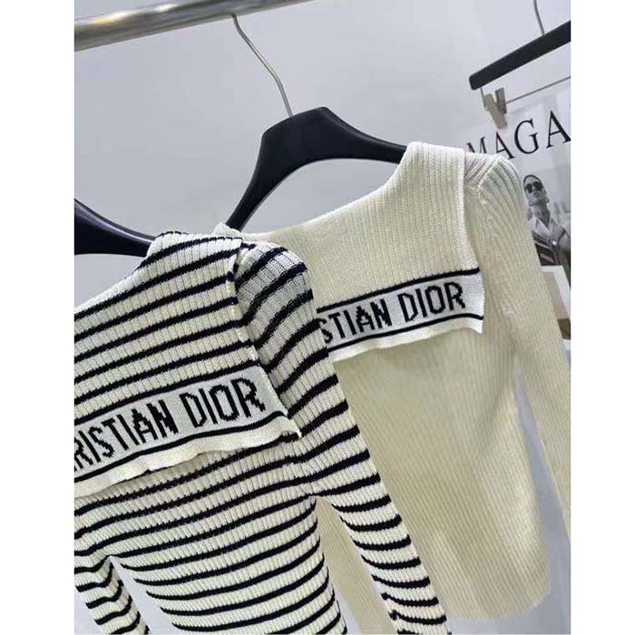 Dior CD Women Dioriviera Straight Dress White Navy Blue Cotton Ribbed Knit Marinière
