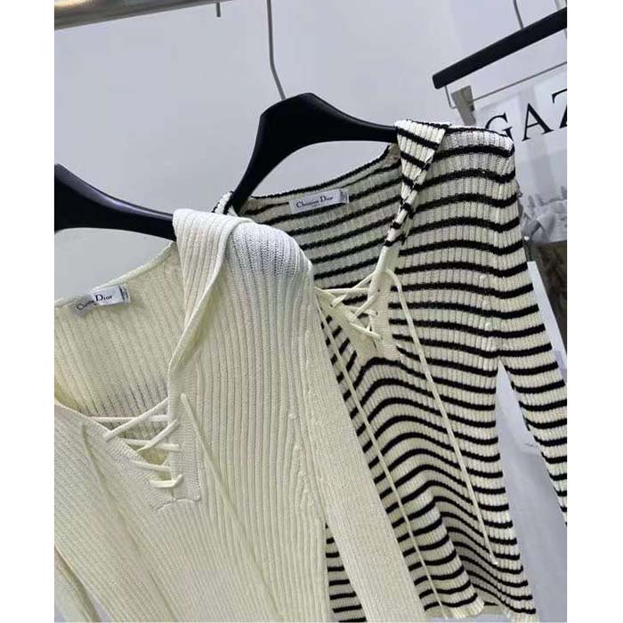 Dior CD Women Dioriviera Straight Dress White Navy Blue Cotton Ribbed Knit Marinière