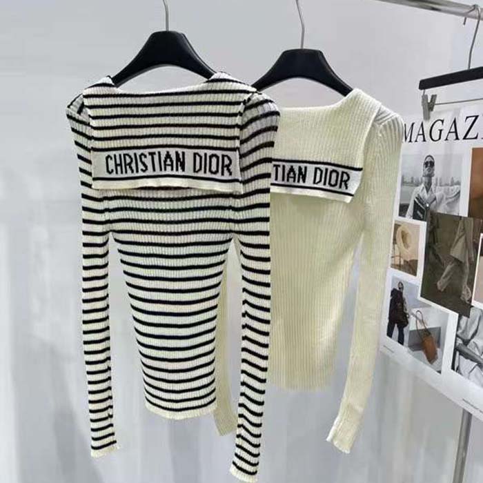 Dior CD Women Dioriviera Straight Dress White Navy Blue Cotton Ribbed Knit Marinière