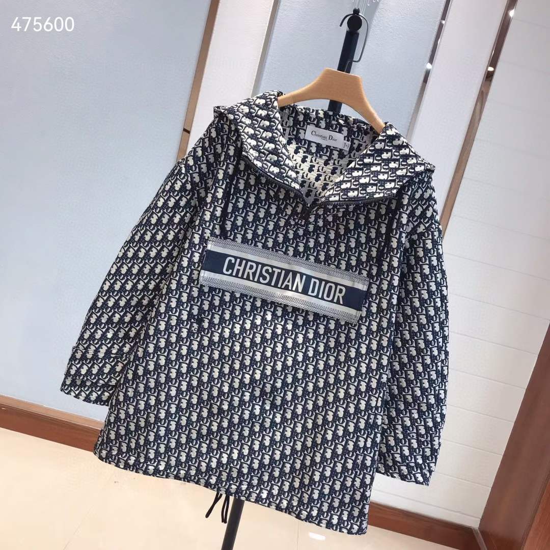 Dior CD Men Hooded Anorak Blue Ecru Technical Taffeta Jacquard Dior Oblique