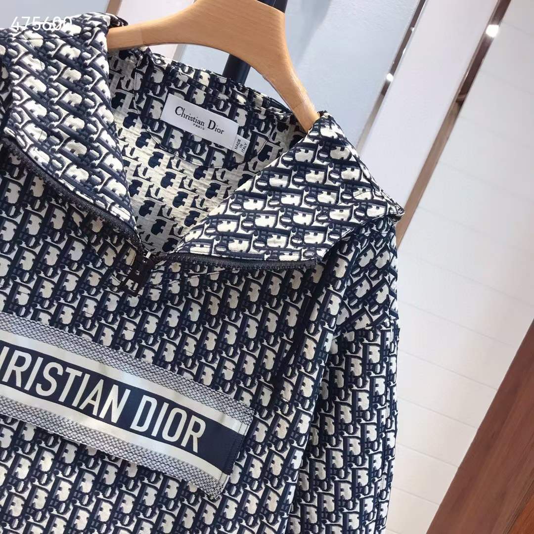 Dior CD Men Hooded Anorak Blue Ecru Technical Taffeta Jacquard Dior Oblique