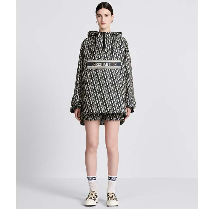 Dior CD Women Hooded Anorak Blue Ecru Technical Taffeta Jacquard Dior Oblique