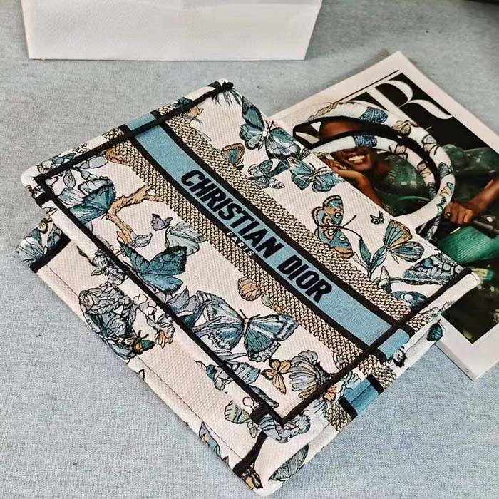 Dior CD Women Large Dior Book Tote White Blue Toile De Jouy Mexico Embroidery