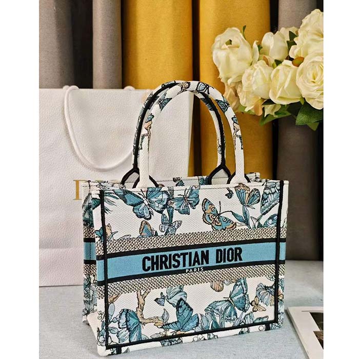 Dior CD Women Large Dior Book Tote White Blue Toile De Jouy Mexico Embroidery