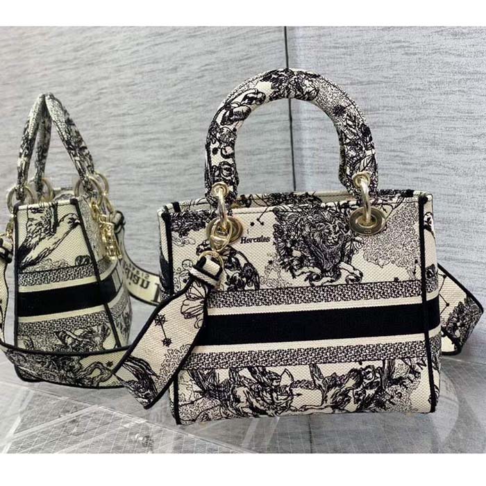 Dior CD Women Medium Lady D-Lite Bag Latte Black Toile De Jouy Zodiac Embroidery