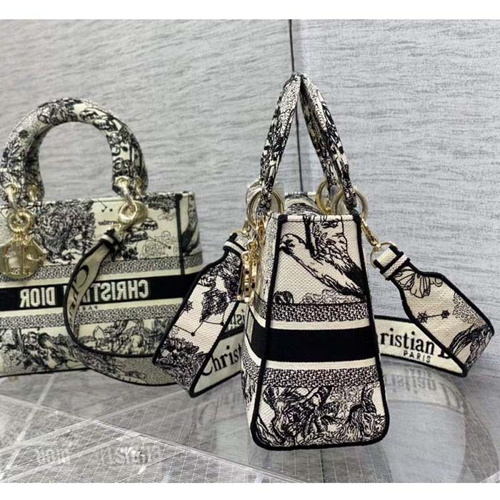 Dior CD Women Medium Lady D-Lite Bag Latte Black Toile De Jouy Zodiac Embroidery