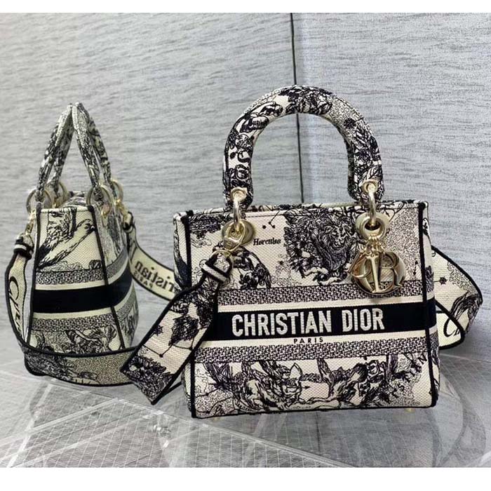 Dior CD Women Medium Lady D-Lite Bag Latte Black Toile De Jouy Zodiac Embroidery