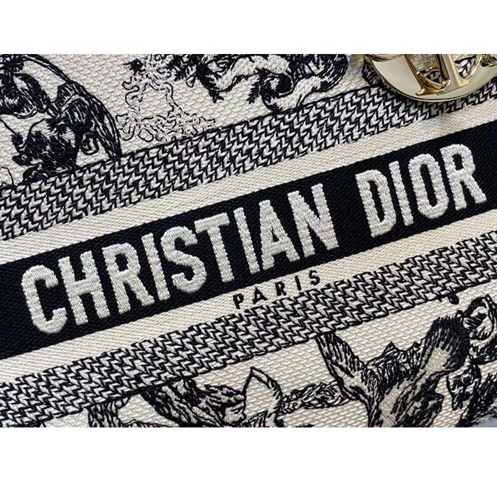 Dior CD Women Medium Lady D-Lite Bag Latte Black Toile De Jouy Zodiac Embroidery