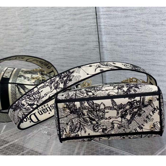 Dior CD Women Medium Lady D-Lite Bag Latte Black Toile De Jouy Zodiac Embroidery