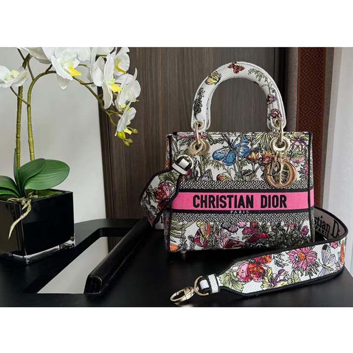 Dior CD Women Medium Lady D-Lite Bag White Multicolor Mexico Millefiori Embroidery
