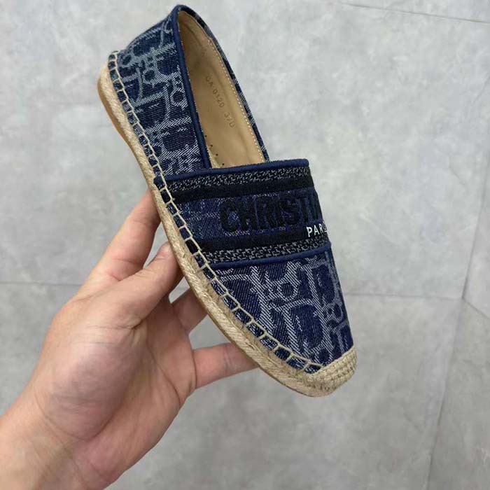 Dior Unisex CD Dior Granville Espadrille Blue Stonewashed Cotton Denim Embroidered Oblique