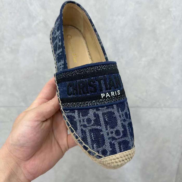 Dior Unisex CD Dior Granville Espadrille Blue Stonewashed Cotton Denim Embroidered Oblique