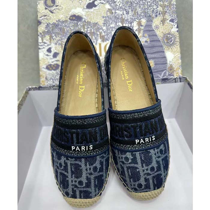 Dior Unisex CD Dior Granville Espadrille Blue Stonewashed Cotton Denim Embroidered Oblique
