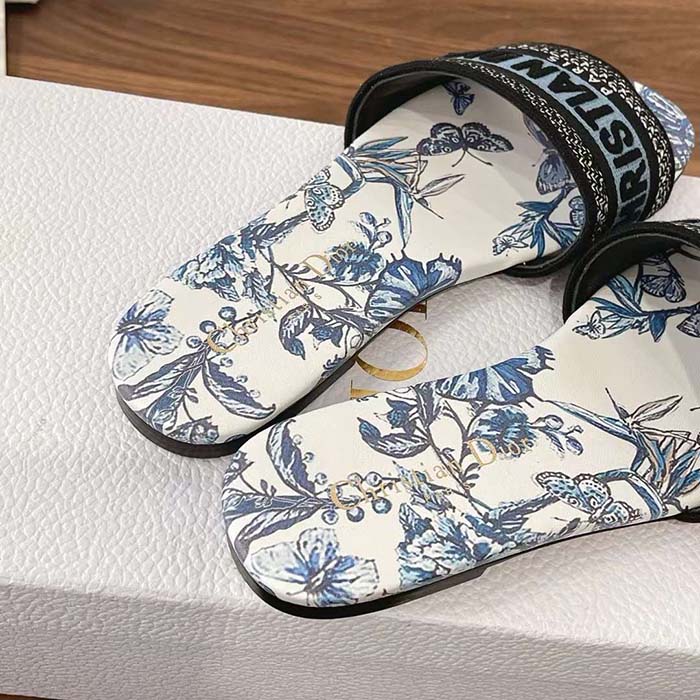 Dior Unisex CD Dway Slide Blue Multicolor Embroidered Cotton Toile De Jouy Mexico