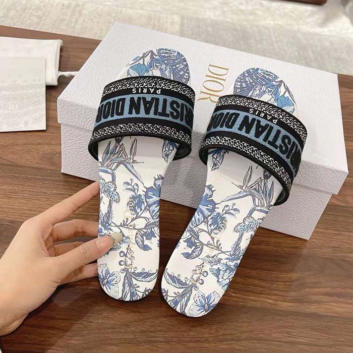 Dior Unisex CD Dway Slide Blue Multicolor Embroidered Cotton Toile De Jouy Mexico
