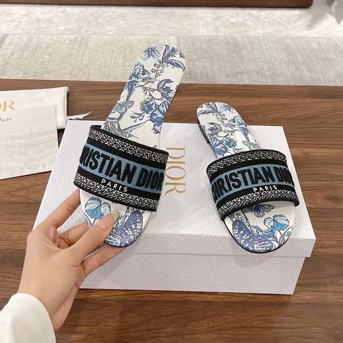 Dior Unisex CD Dway Slide Blue Multicolor Embroidered Cotton Toile De Jouy Mexico